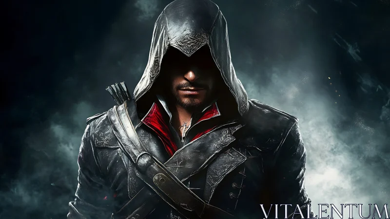 Hooded rogue in dark leather armor amid drifting smoke.