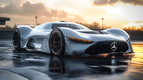 Futuristic silver hypercar glows on wet asphalt at sunset