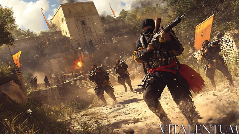 Heavily armed soldiers storm dusty ancient stone fortress.