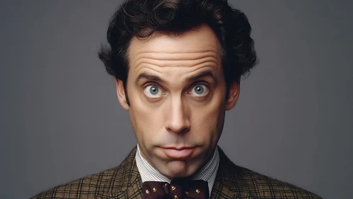 Neutral grey portrait isolates expressive male face and retro attire