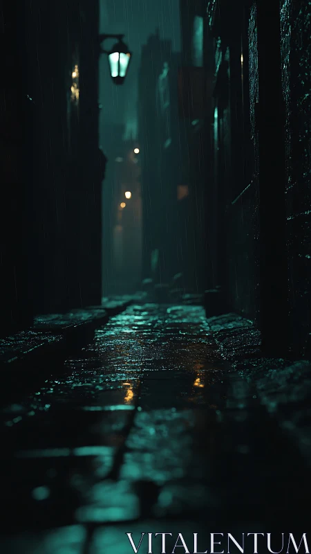 Rain soaked alleyway under teal and yellow streetlights.