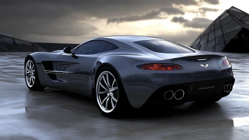 Sleek graphite supercar on wet reflective rooftop at dusk.