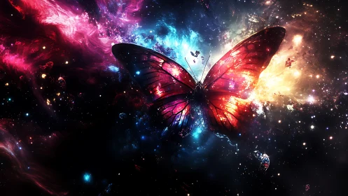 Butterfly silhouette set against luminous cosmic nebula field.