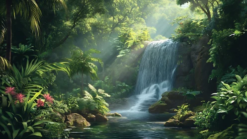 Sunlit jungle waterfall pours into tranquil forest pool