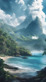 Tropical Mountain Vista with Crystal Waters and Clouds