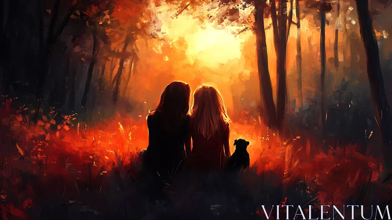 Two figures silhouetted in fiery forest clearing with centered light source