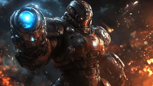 Armored space soldier firing plasma cannon amid firestorm.