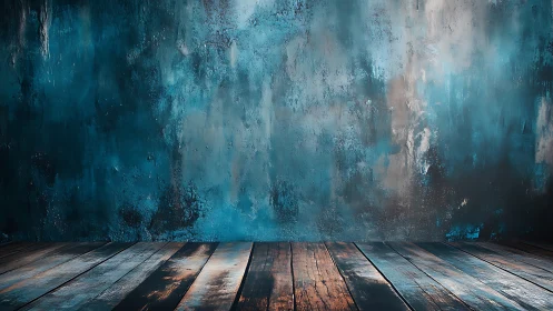 Cozy rustic room with teal textured wall and worn wood floor.