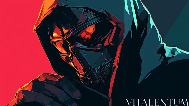 Hooded cyber assassin emerges in bold neon shadows.