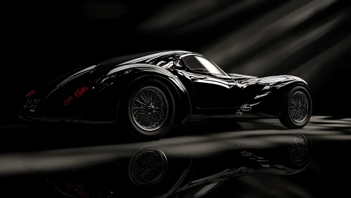 Sculpted black classic coupe glowing in soft studio light.