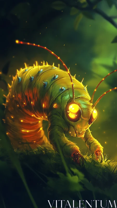 Glowing green caterpillar with bioluminescent details at night.
