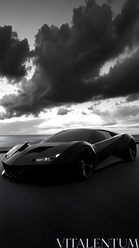 Sleek black supercar racing under dramatic storm clouds.