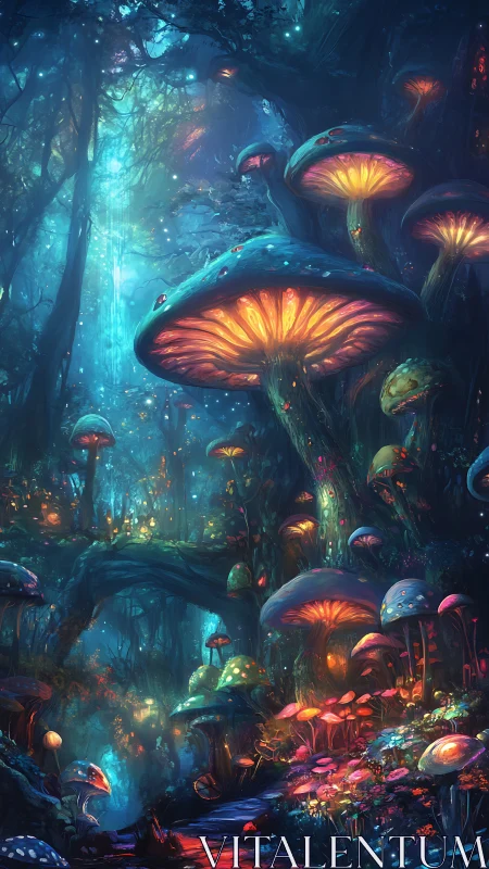 Luminescent fungal growths in dense nocturnal forest environment.