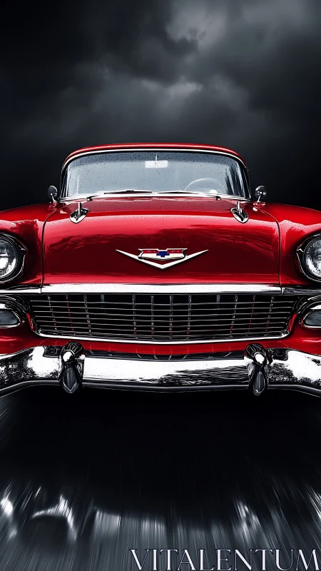 Red classic car surges forward beneath storm-dark skies