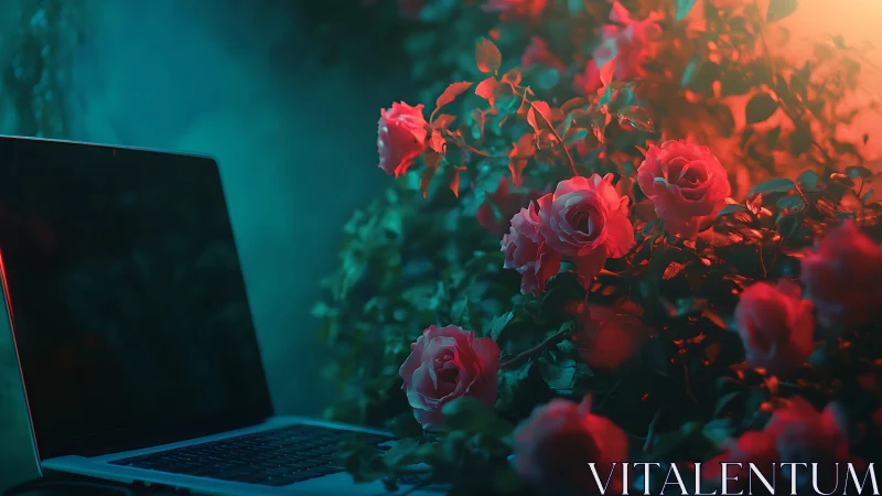 Laptop and rose bushes are illuminated by contrasting colored light