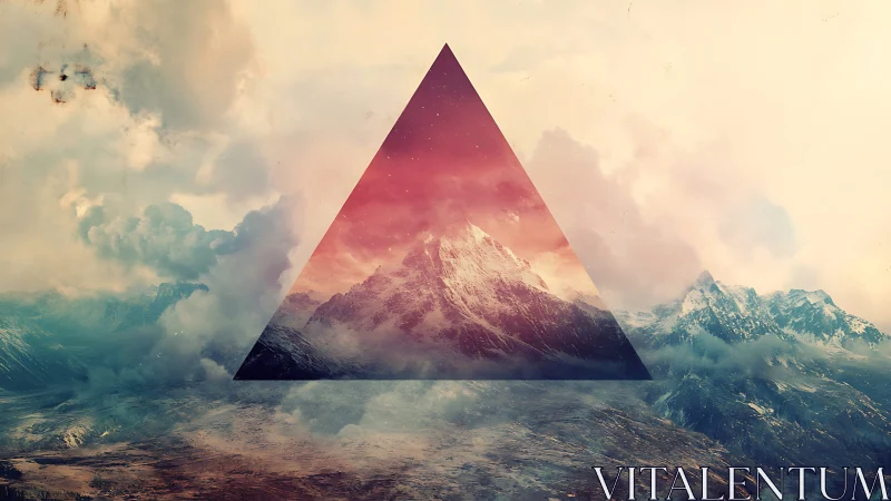 Geometric mountain vista within atmospheric triangular frame.