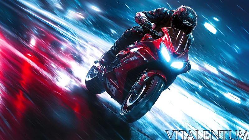 Red superbike slices through neon city rain at high speed.