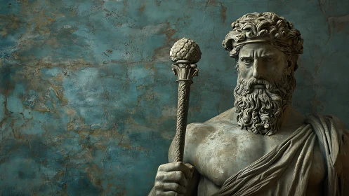 Stone male bust with staff stands against textured wall