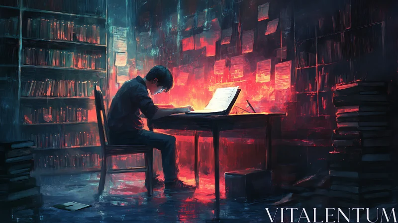 Solitary student studies under glowing manuscript in library