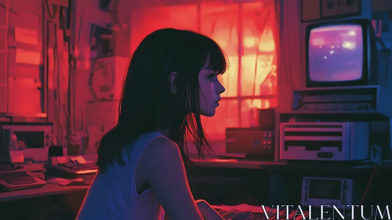 Neon midnight coder in a retro-lit analog hacker den.