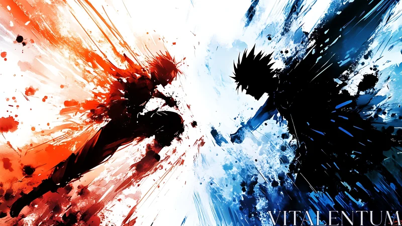 Opposing red and blue anime warriors in kinetic splatter clash