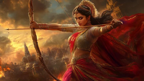 Warrior woman drawing bow before burning temple city.