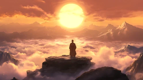 Solitary robed figure observes solar ascent above cloud sea