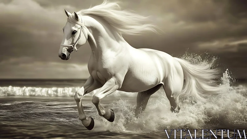 White stallion gallops through surf in high-contrast monochrome