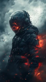 Infernal astronaut dissolving into embers and smoke.