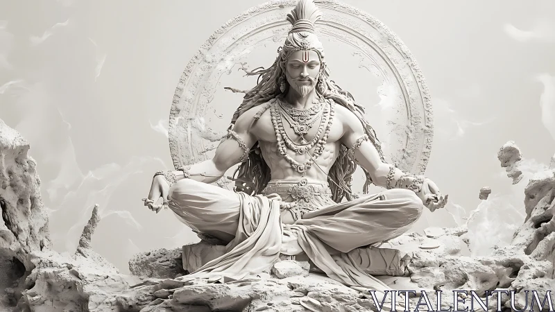 Monochrome meditative deity sculpture within circular stone mandala