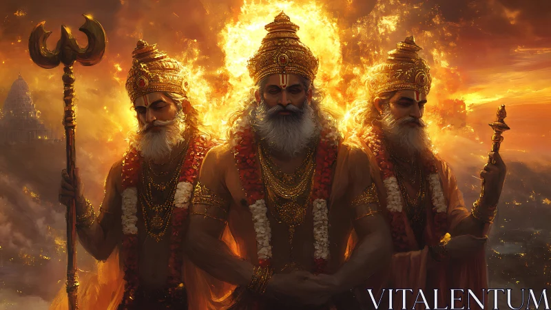 Fiery trinity of divine warriors stands over a glowing realm.