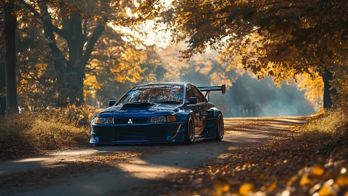 Modified blue Mitsubishi sports car sits on a forest road