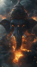 Fiery elephant deity emerges through stormlit smoke