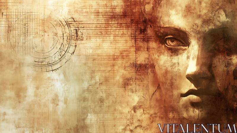 Fragmented female face merges with geometric circuit textures