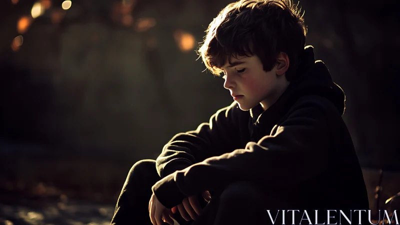 Thoughtful boy in hoodie sitting alone in warm sunset light.