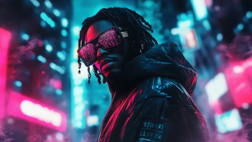 Neon night rider framed in electric city haze and chrome.