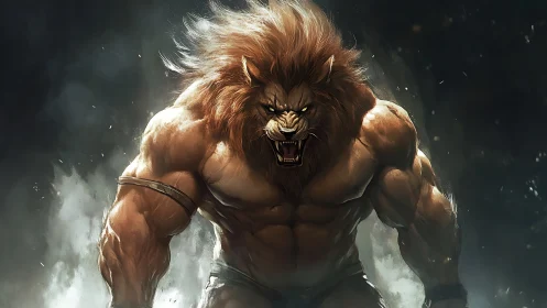 Mythic lion warrior roaring amid swirling battlefield haze.