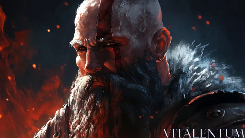 Bearded armored warrior portrait in firelit environment.