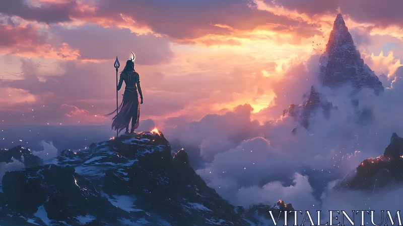 Lone horned warrior surveys volcanic peak above stratified clouds