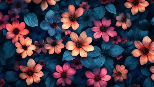 Coral and blue cosmos flowers with deep navy foliage.