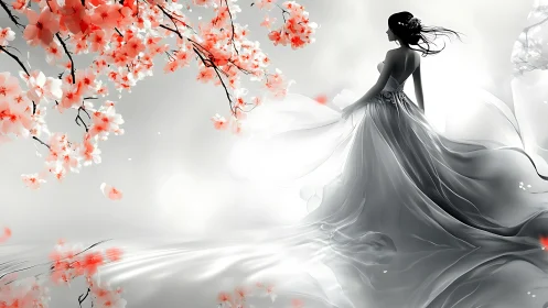 Silhouetted woman in flowing gown beneath chromatic blossoms.