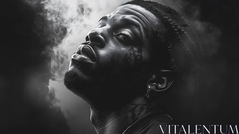 Moody monochrome portrait captures upward gaze through smoke