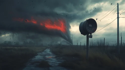 Storm siren watches a burning tornado cross the empty fields