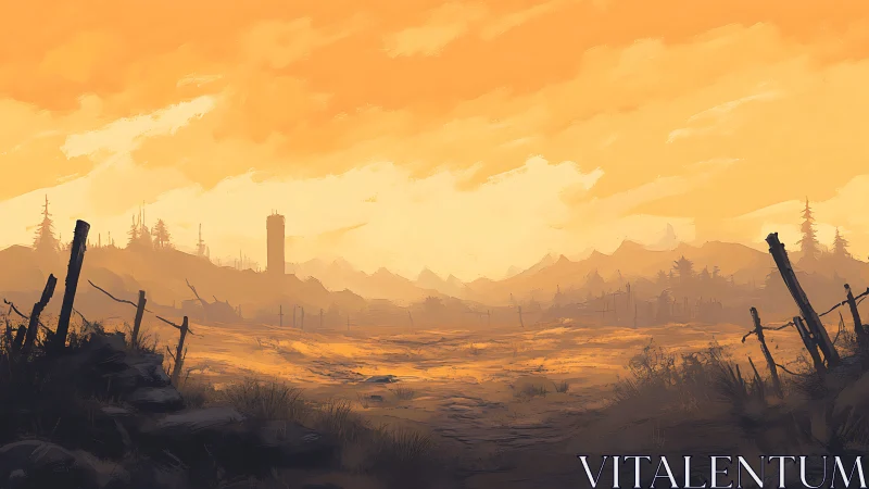 Bleak orange wasteland stretches beneath distant ruined tower