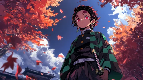 Anime hero low-angle portrait under vivid autumn canopy.