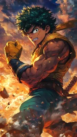 Heroic anime fighter framed by explosive sunset clouds.