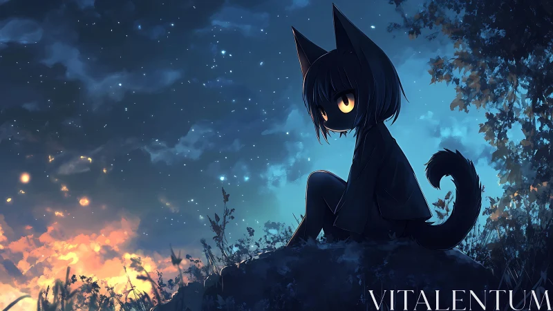 Cat-eared anime child sitting under starry twilight sky.