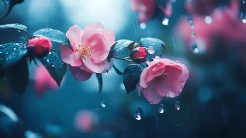 Pink Rose Blooms With Prismatic Water Droplets Against Teal Bokeh Background