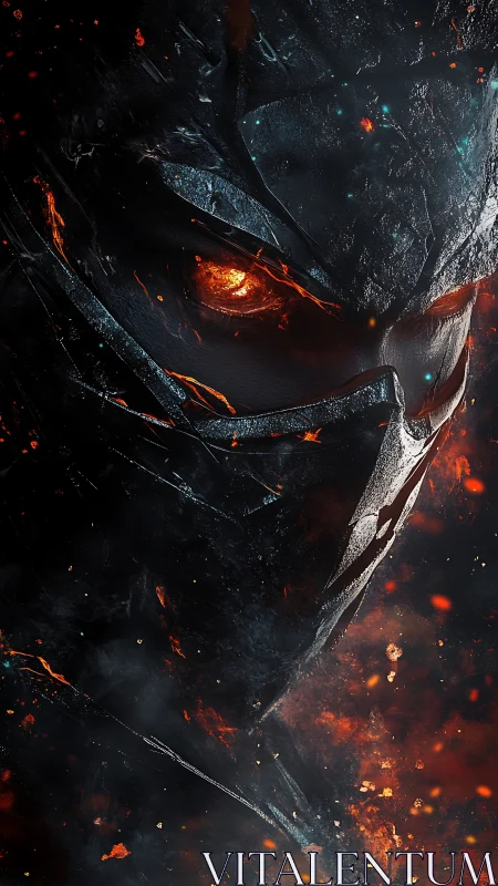 Fiery armored warrior emerging from swirling cosmic embers.