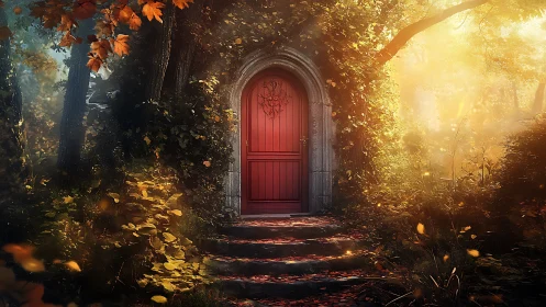 Red wooden door set in sunlit forest stone archway.